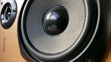 Close up photo of woofer and tweeter in a speaker cabinet.